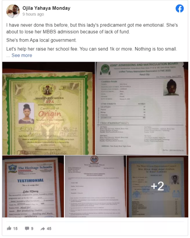 Young Nigerian girl who aced WAEC and JAMB cries out for financial assistance as she faces the risk of losing medicine admission