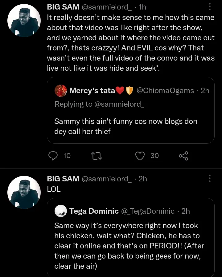 Tega confronts Sammie on Twitter after he accused her of stealing in BBN house, he reacts (Screenshots)