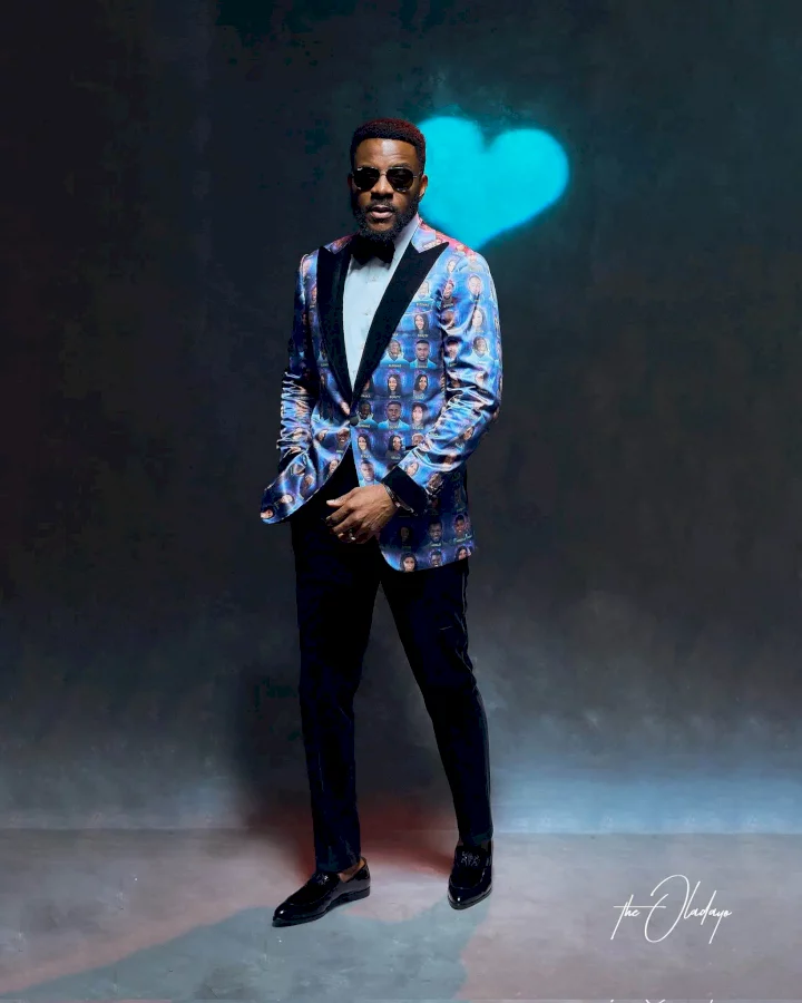 Ebuka dazzles in suit with all 'Level Up' housemates' faces on it (Photo)
