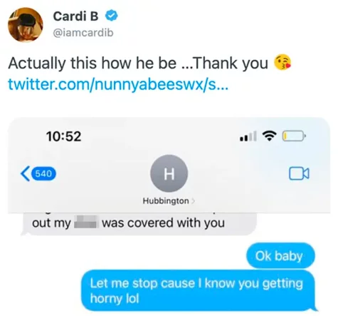 Rapper, Cardi B shares explicit texts she exchanged with Offset following claims he cheated