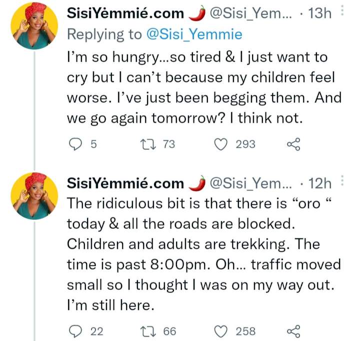 Vlogger, SisiYemmie laments after spending 6 hours in traffic with her kids on a journey that typically lasts 15 minutes