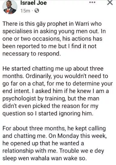Israel Joe calls out Warri-based Prophet for allegedly making unwanted same-sex advances to young men