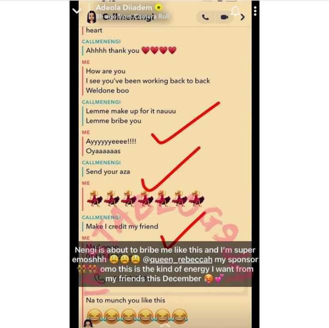 Lady exposes chat with Nengi who 'bribed' her with N500K (Screenshots)