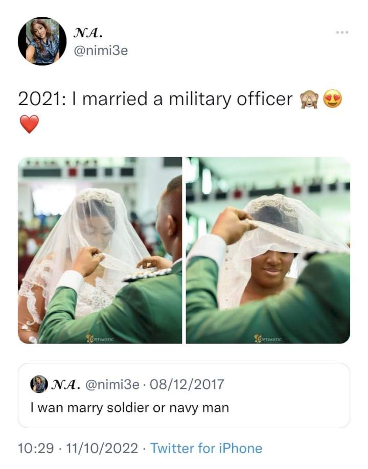 Nigerian lady reveals how she spoke her marriage to a military officer into existence