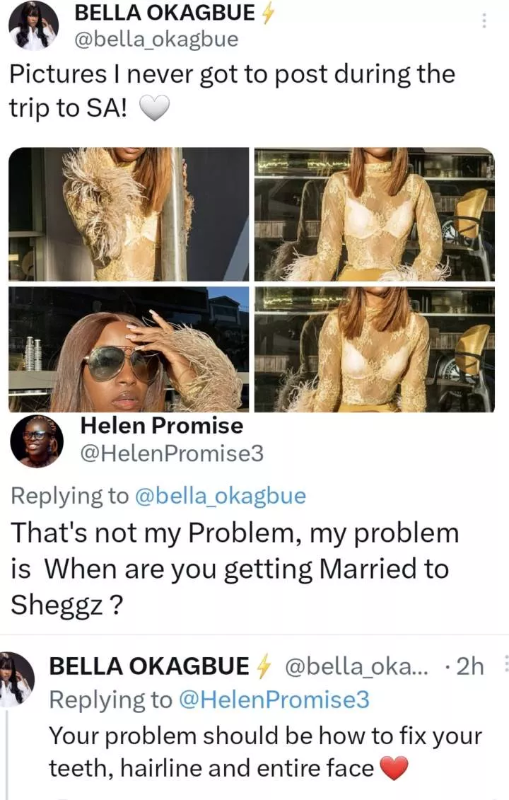 Between BBNaija star, Bella and a Twitter user who asked when she and lover, Sheggz will be getting married