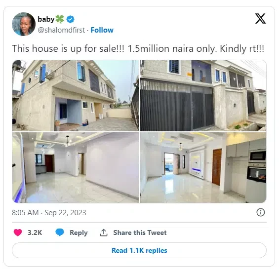 'Pay N1.5 m only, and it's all yours' - Lady posts photos of big house for sale on Twitter, Photos cause buzz