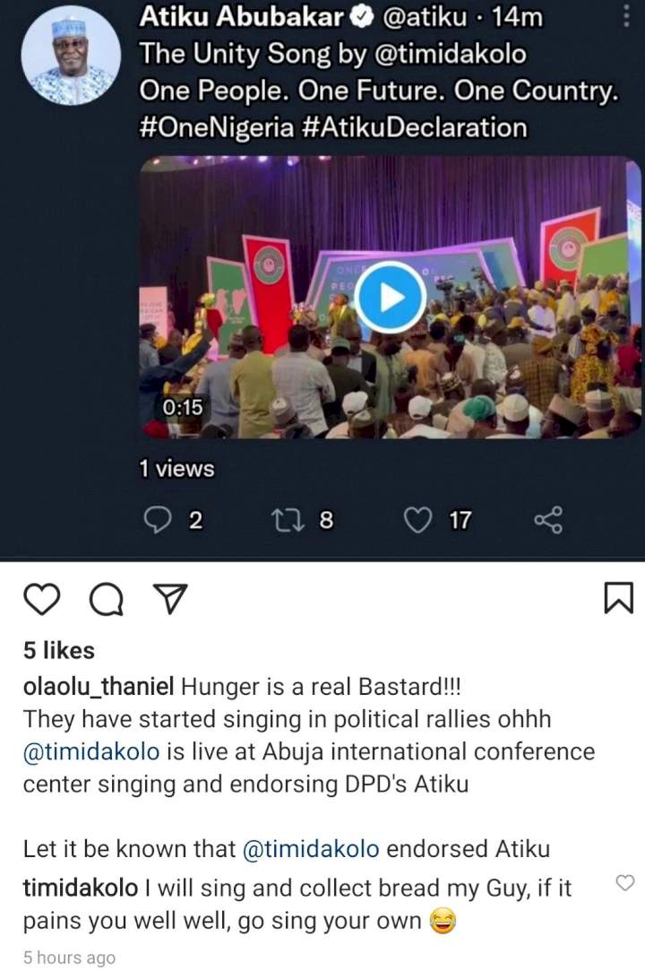 Timi Dakolo responds after he was called out for singing at Atiku's political rally