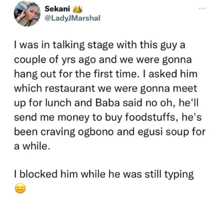 Lady blocks man who asked her to cook ogbona during talking stage