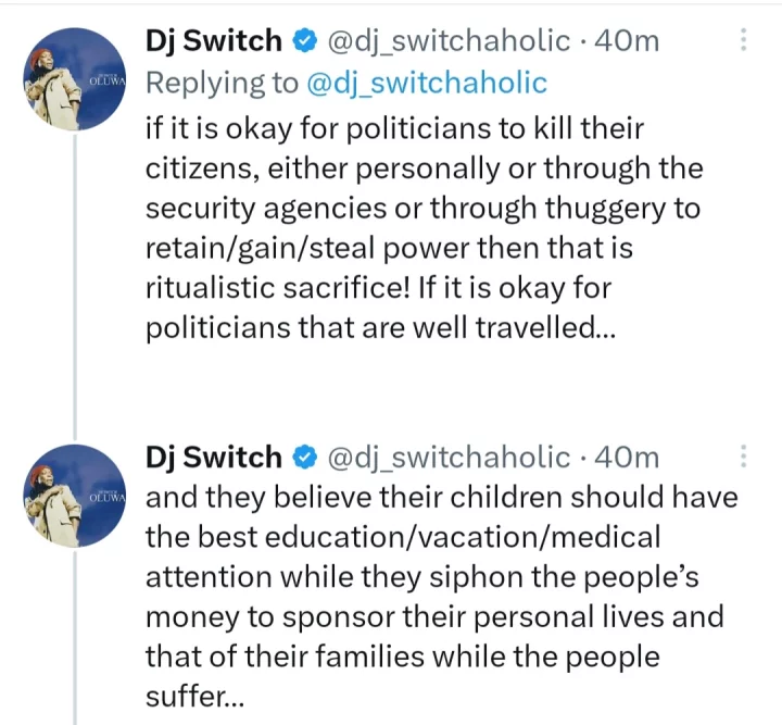 Don?t look for the devil anywhere. They are in Nigeria and they are the majority of our political elites- DJ Switch says