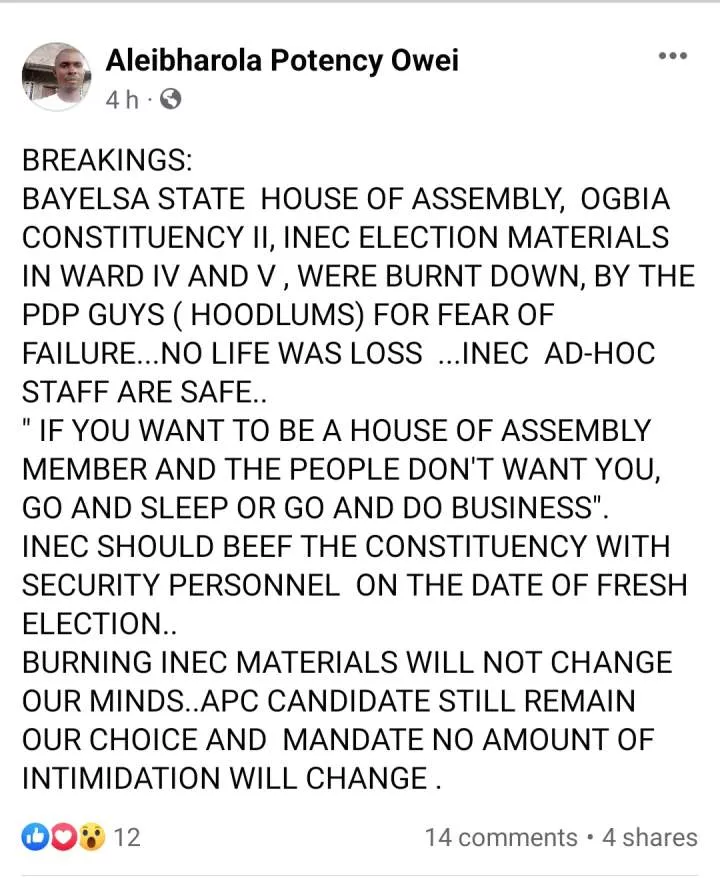 Thugs hijack and burn election materials in Bayelsa