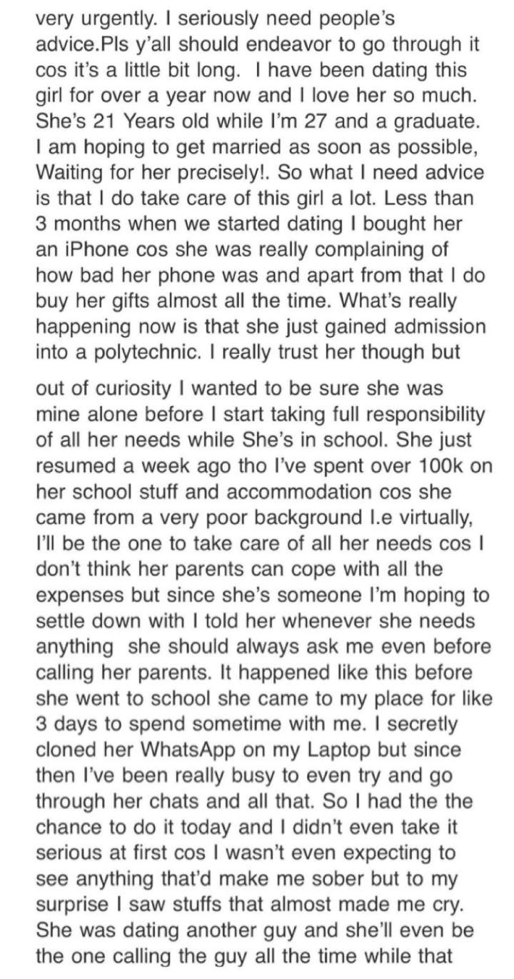 Man laments after discovering that his girlfriend whom he's sponsoring in school is double-dating