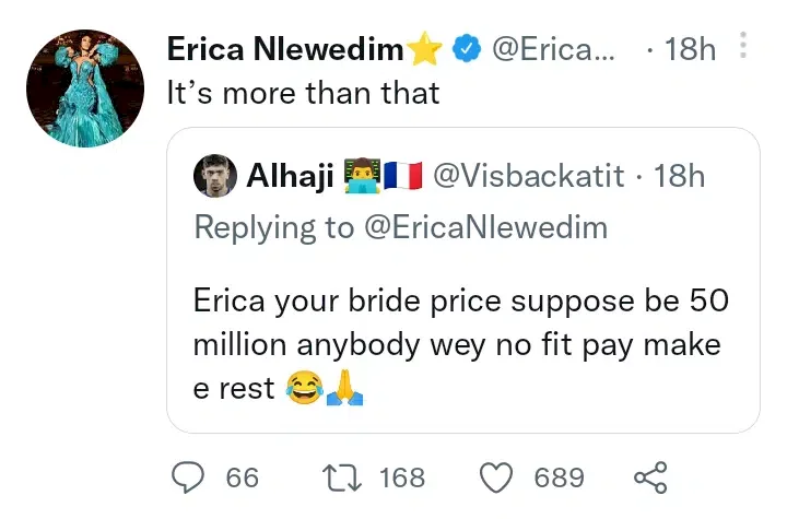 My bride price is more than N50 million - Erica informs admirers