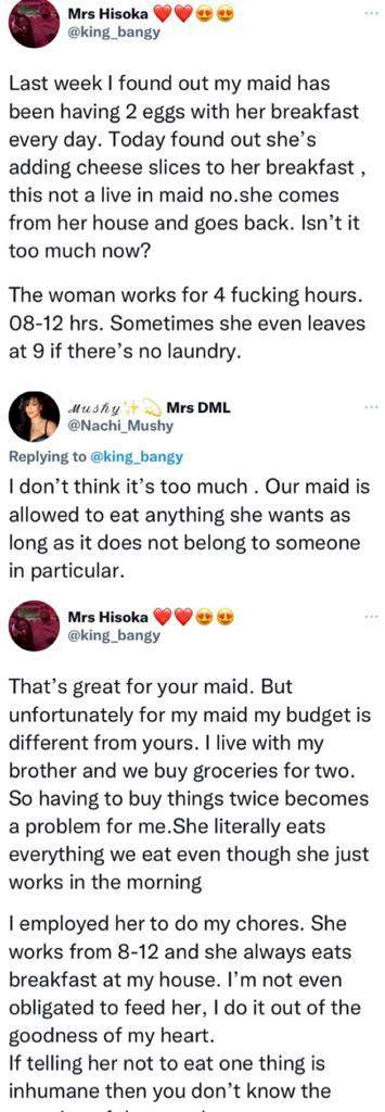 Lady frowns at maid who eats 2 eggs daily with breakfast