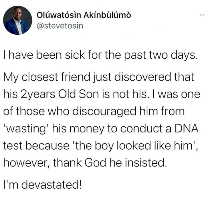 'I'm devastated, his son is not his' - Man laments decision of discouraging friend from doing DNA test of child