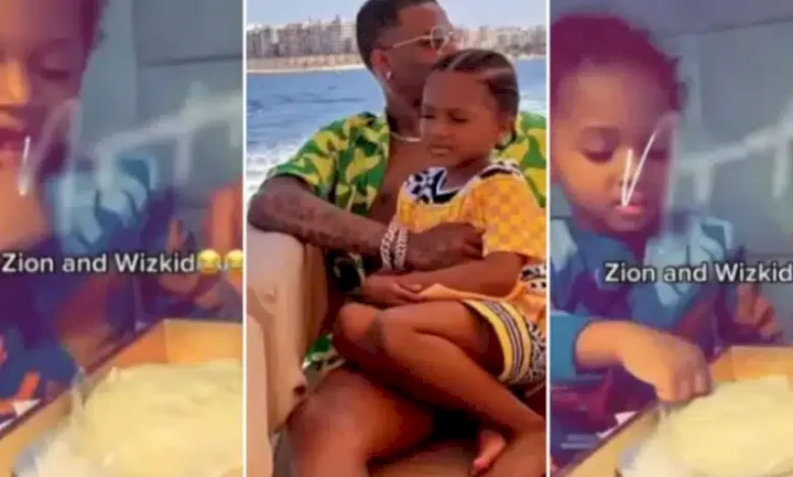 "Why he keep face like that?" - Video of Wizkid teaching son, Zion how to eat 'Fufu' causes stir