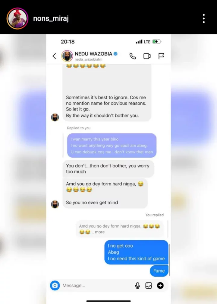 Leaked chat between Nons Miraj and Nedu Wazobia surfaces amid accusations of affair with Dino Melaye