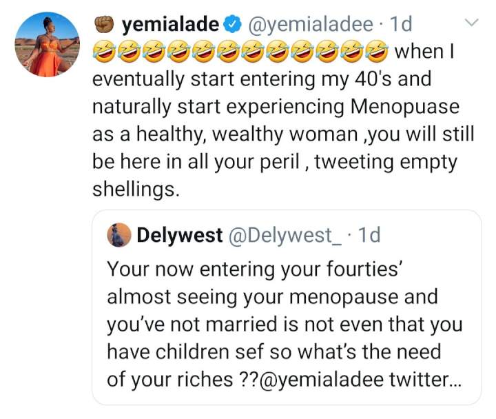Yemi Alade responds to a man on Twitter who shamed her for not being married