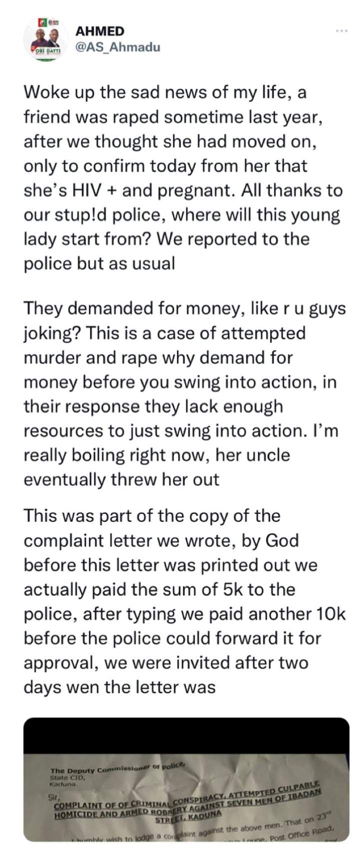 Twitter user accuses police of demanding for N100k to investigate case of a lady who was r*ped and infected with HIV