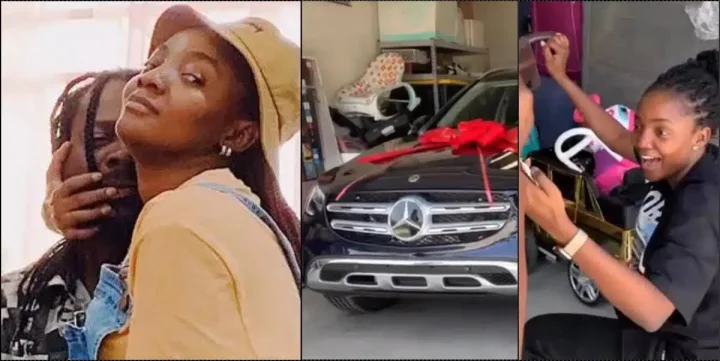Overjoyed Simi goes on her knees as Adekunle Gold gifts her Mercedes Benz (Video)