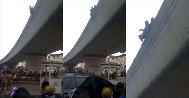 Onlookers rescue man with smart move while attempting to jump off bridge in Lagos (Video)