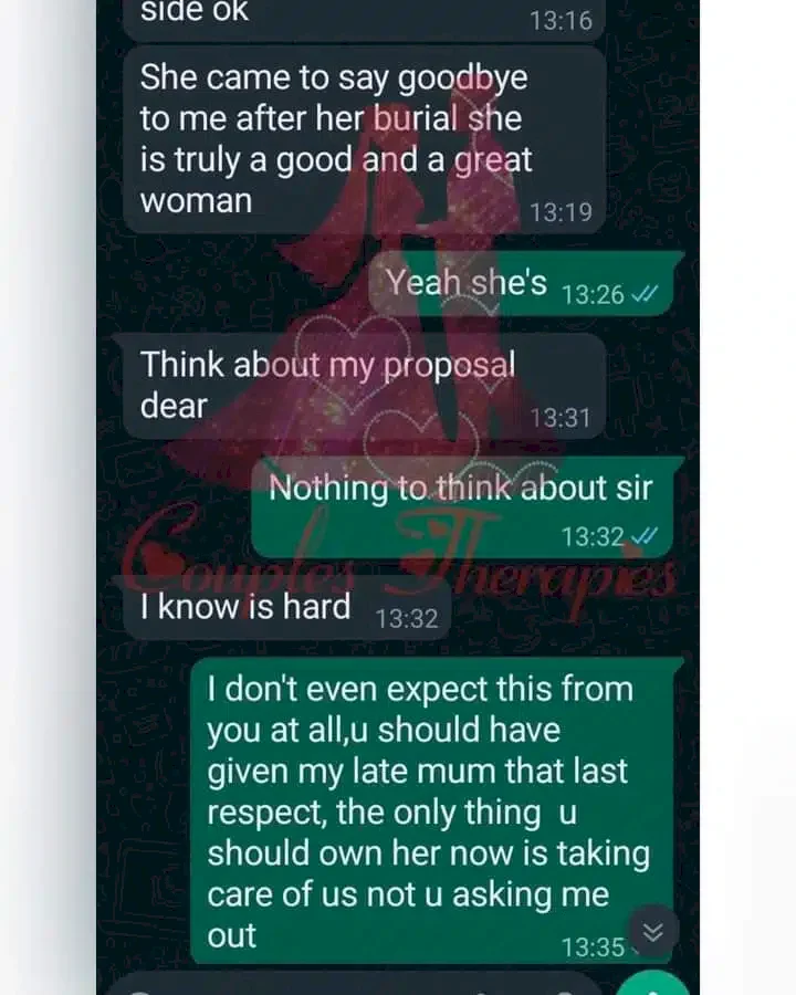 Lady shares chat with stepfather who wants to date her days after mum's burial