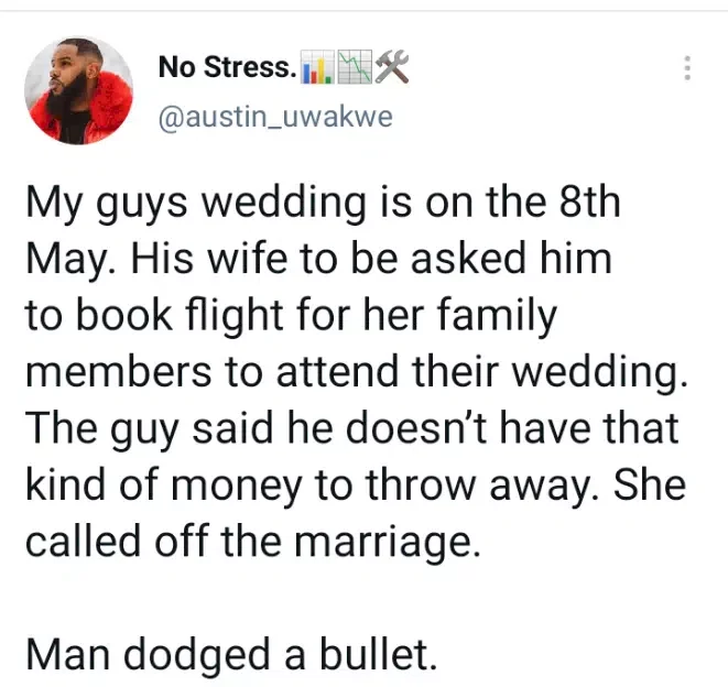 Lady calls off wedding after her fiance failed to book flight for all her family members to attend the wedding