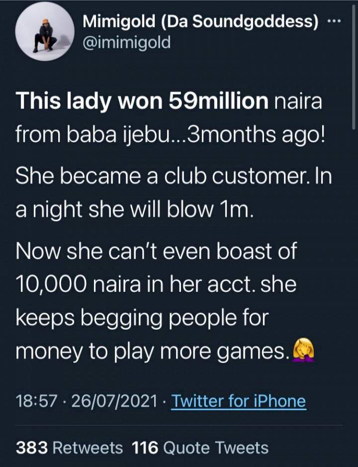 Lady becomes broke after three months of winning lottery of N59M