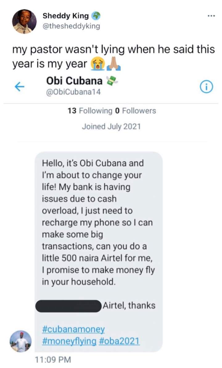 Man shares chat with individual who tried to defraud him by impersonating Obi Cubana