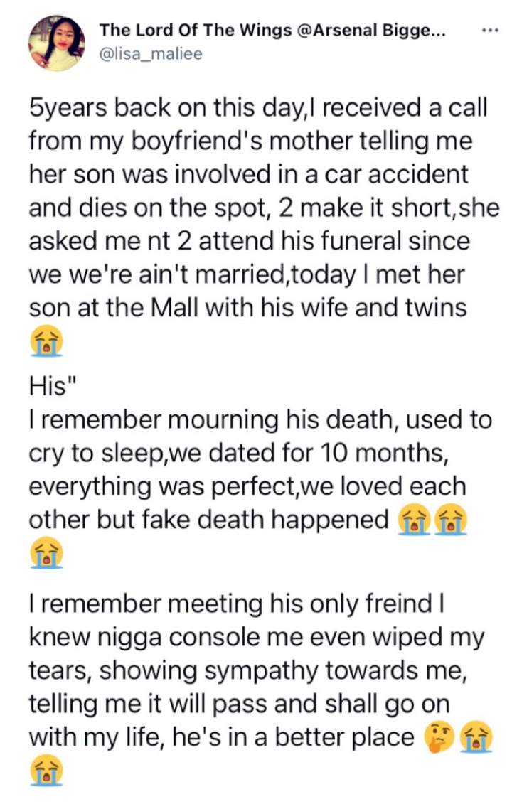Lady narrates how she bumped into her dead ex-boyfriend at a mall