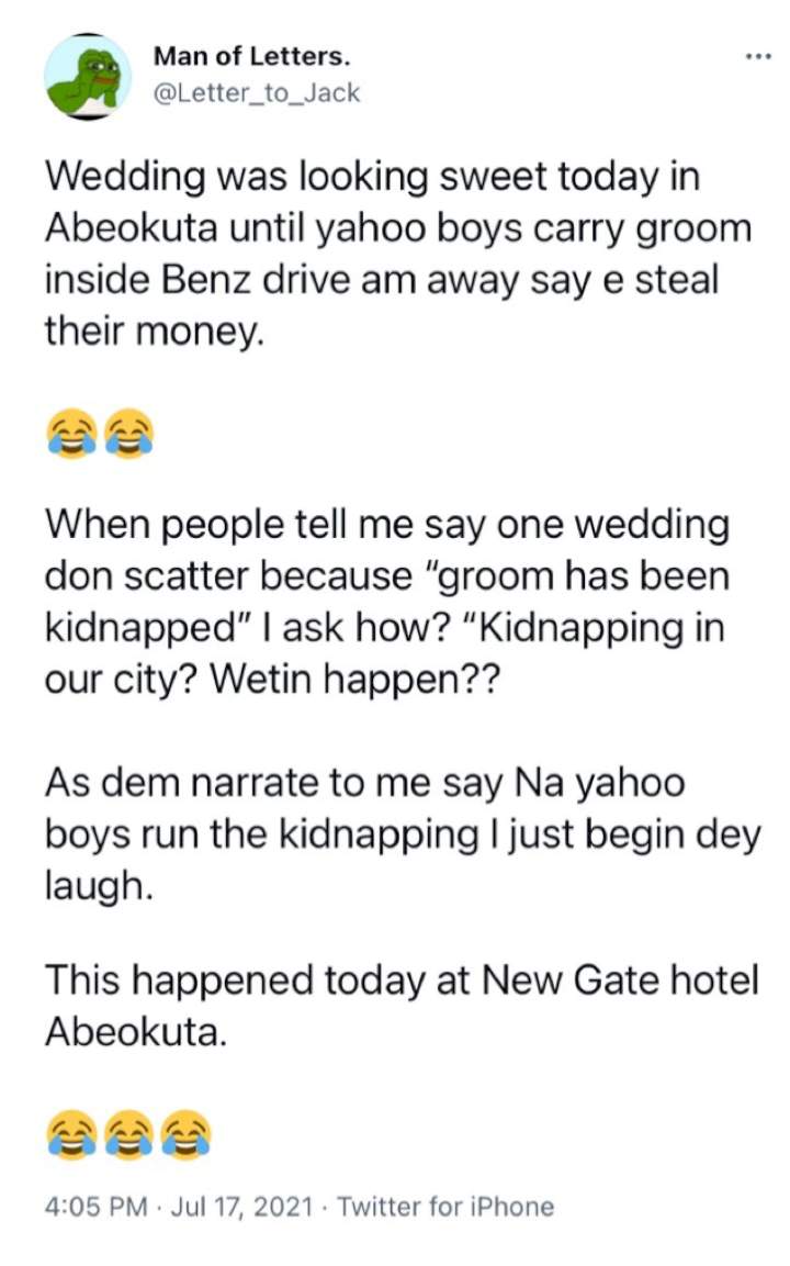 Man narrates how yahoo boys kidnapped groom during wedding ceremony because he stole from them