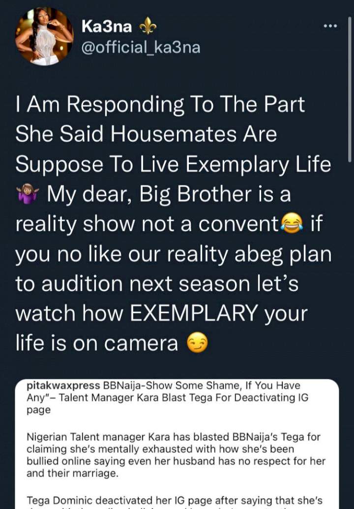 'Audition next year and show us the exemplary behavior' - Boss lady Ka3na lambasts talent manager, Kara for condemning Tega's behavior on BBNaija show