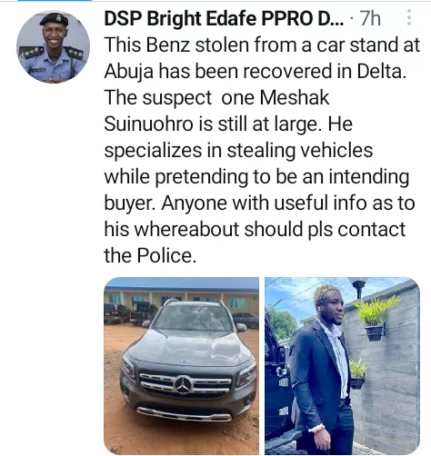 Delta police arrest suspected car thief who posed as buyer and absconded with N55m Benz during test drive in Abuja  (video)