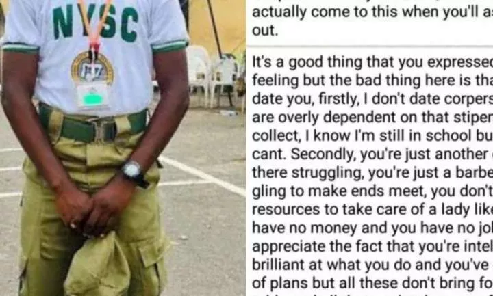 Uni student turns down Youth Corper because he "doesn't have resources to take care of girl like her"