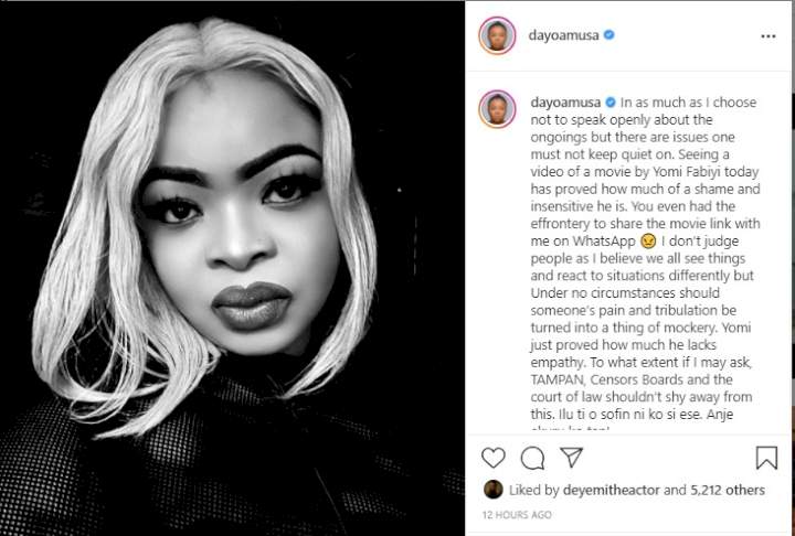 'You even had the effrontery to share the movie link with me on WhatsApp' - Actress Dayo Musa blasts Yomi Fabiyi