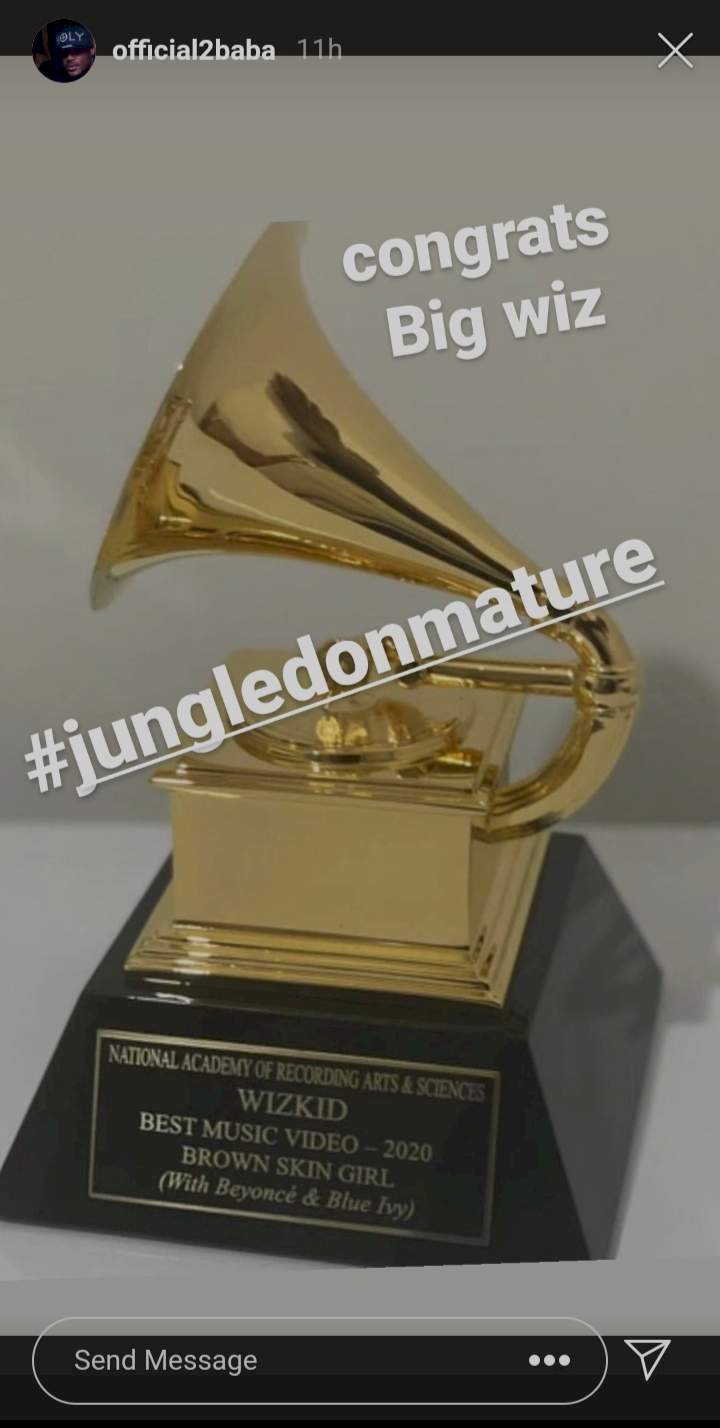 'Jungle don mature' - 2Baba congratulates Wizkid as he finally receives his Grammy Award plaque