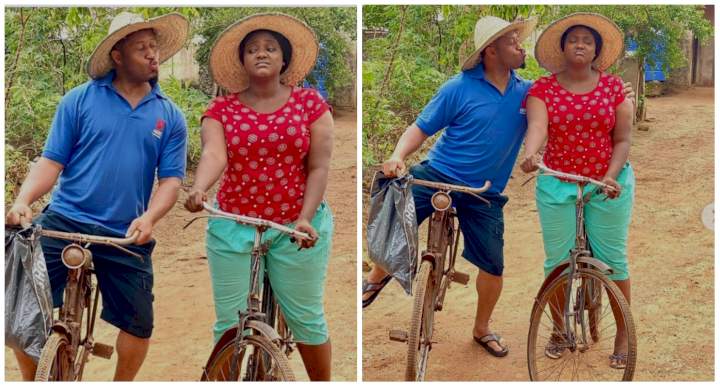 "This one na typical village love" - Fans react to photos of Mike Ezuruonye and Nazo Ekezie on bicycles