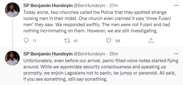 Lagos police to investigate after two churches called to report that they spotted strange looking men in their midst
