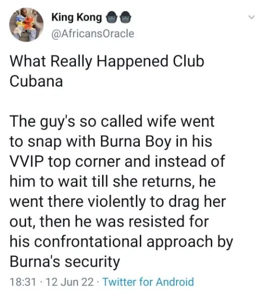 Eyewitness gives account of encounter between Burna Boy and married lady at Cubana club