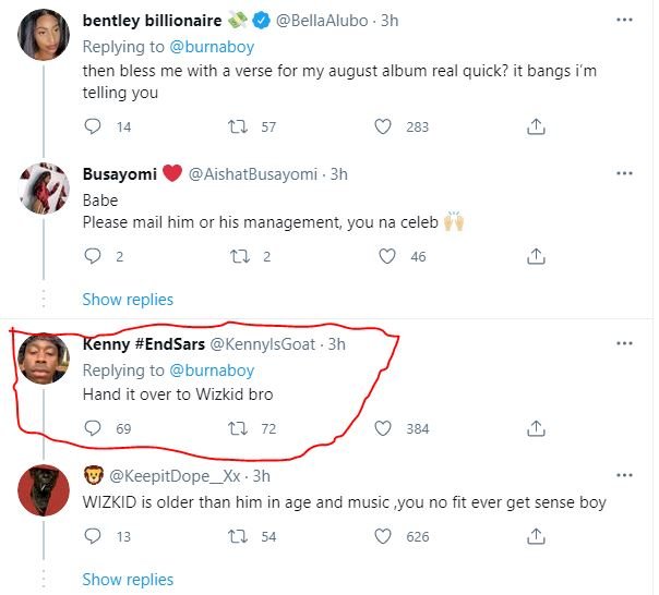 'Hand it over to Wizkid bro' - Reactions as Burna Boy says he wants to hand over to a young artiste