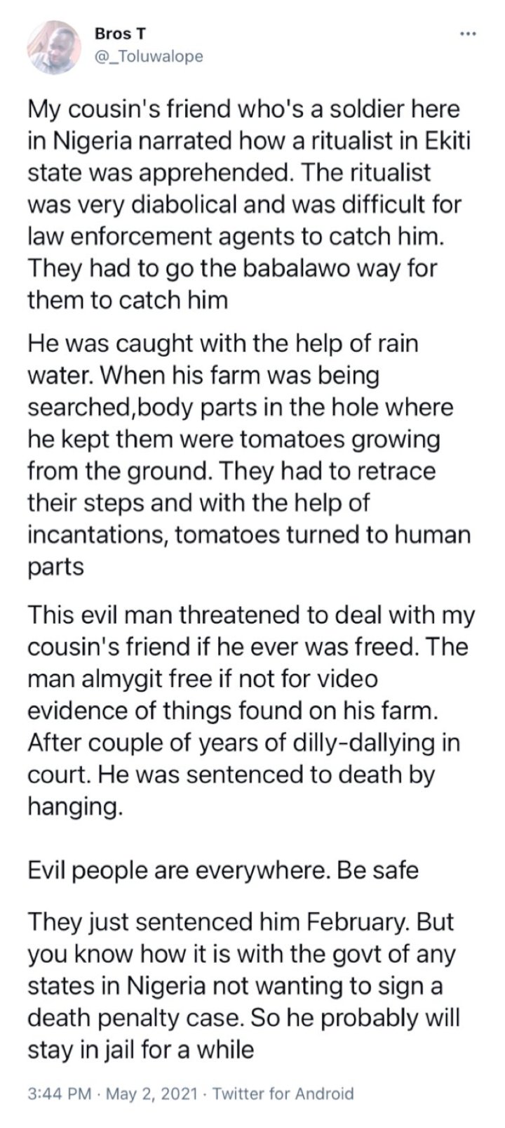 Man narrates how a ritualist was caught and served with capital punishment in Ekiti State
