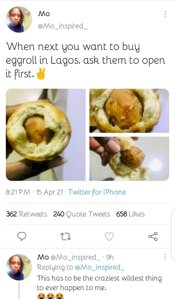 Lady laments after finding 'puff-puff' in egg-roll instead of boiled egg