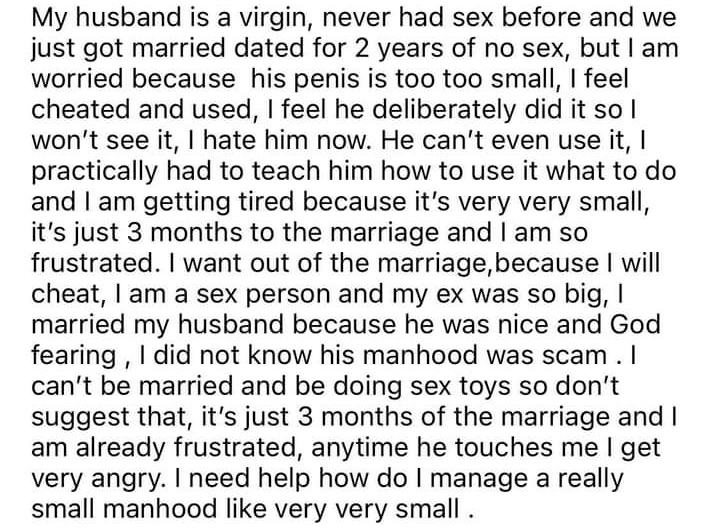 Lady contemplates divorce after she married husband as virgin only to discover the secret to his virginity