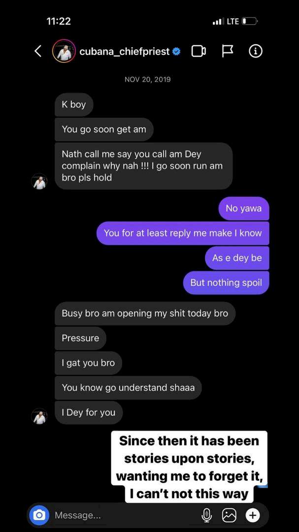 Man leaks chat, calls out Cubana Chief Priest over unpaid debt since 2019 (Screenshots)