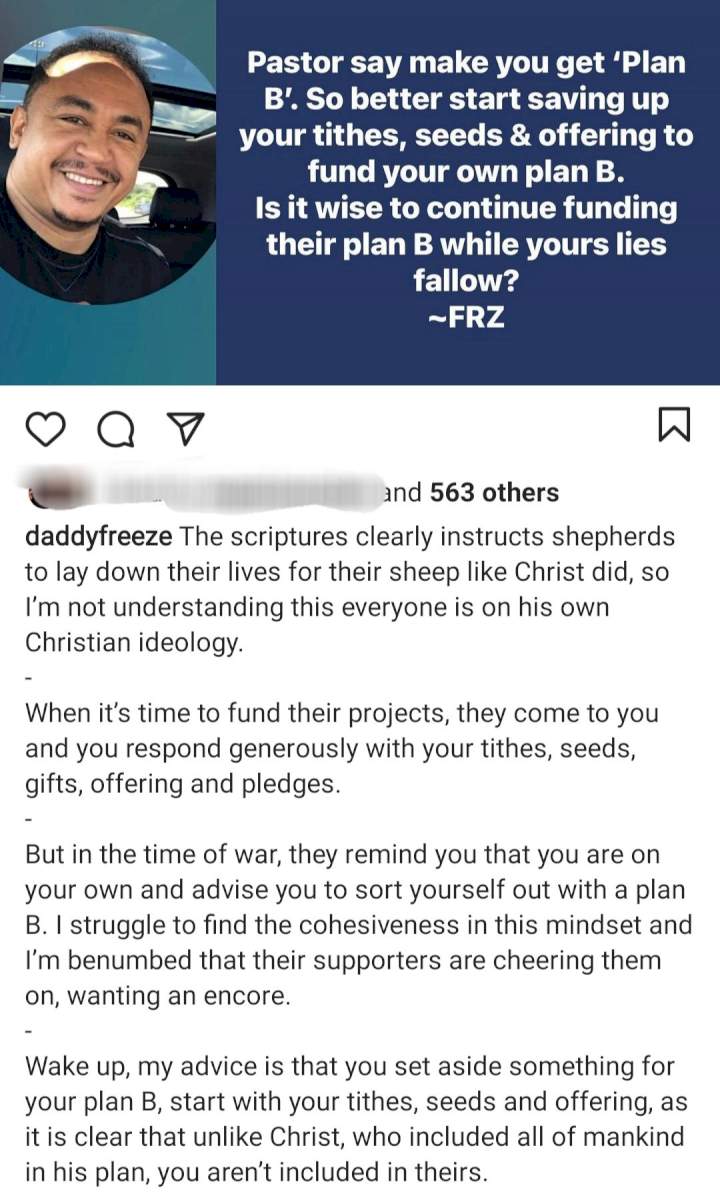 'Start saving up your tithes to fund your plan B' - Daddy Freeze reacts to his former pastor, Paul Adefarasin's advice to leave Nigeria