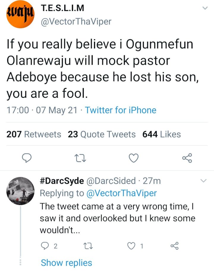 'You're a fool if you think I mocked Pastor Adeboye' - Vector reacts after getting dragged