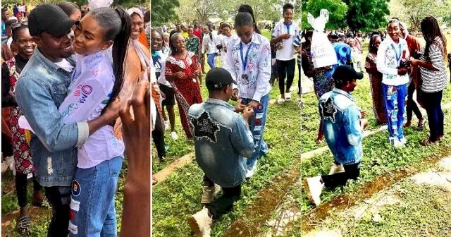 Man surprises girlfriend with marriage proposal as she signs out of school (Photos)