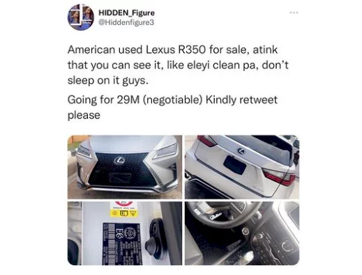 Nigerian man shares photo of car for sale on Twitter, another Twitter user shares proof of it being 'stolen'