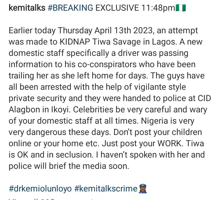 Kemi Olunloyo gives details on how alleged plans to kidnap Tiwa Savage was foiled