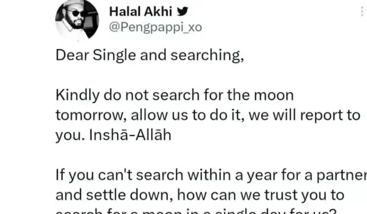 Ramadan: Man pleads with single Muslims not to search for moon over failure to find partner