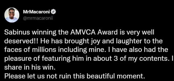 AMVCA8: Mr Macaroni reacts after man claimed he deserved the 'Best Content Creator' award more than Sabinus